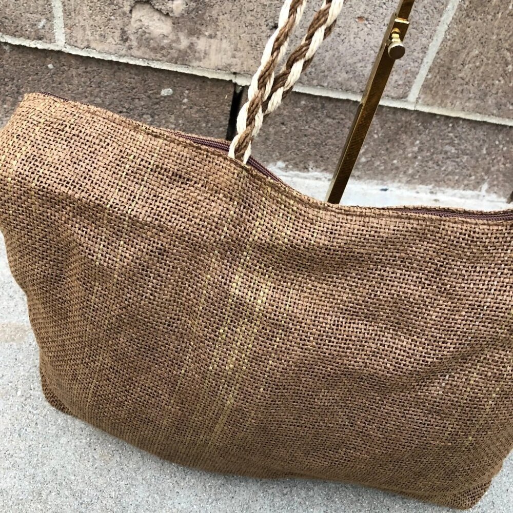 Oversized Raffia Burlap Purse Shoulder Hand Bag Women's Brown Zipper Jute - Picture 7 of 13